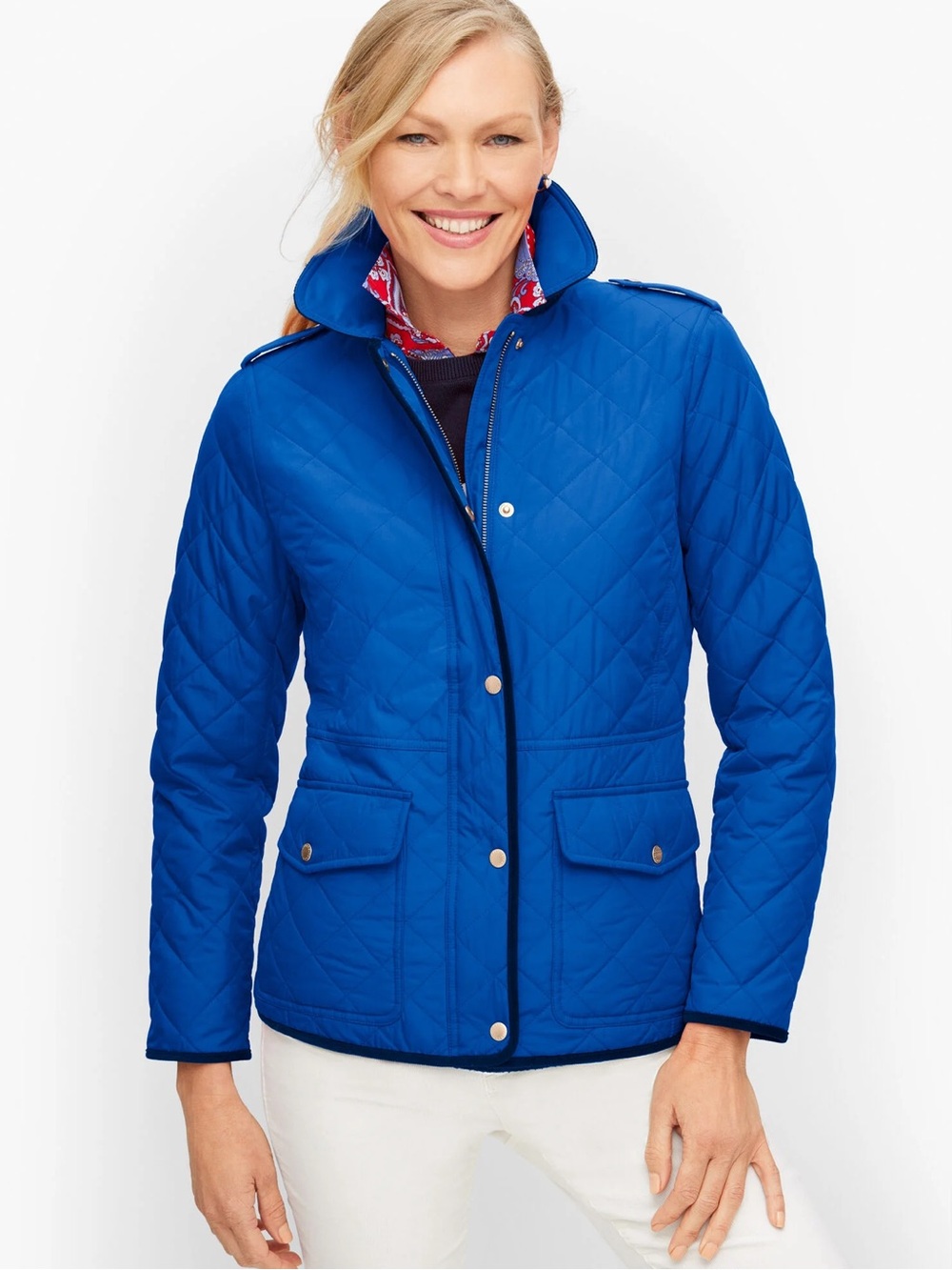 Talbots Quilted Electric Blue Jacket with black corduroy trim